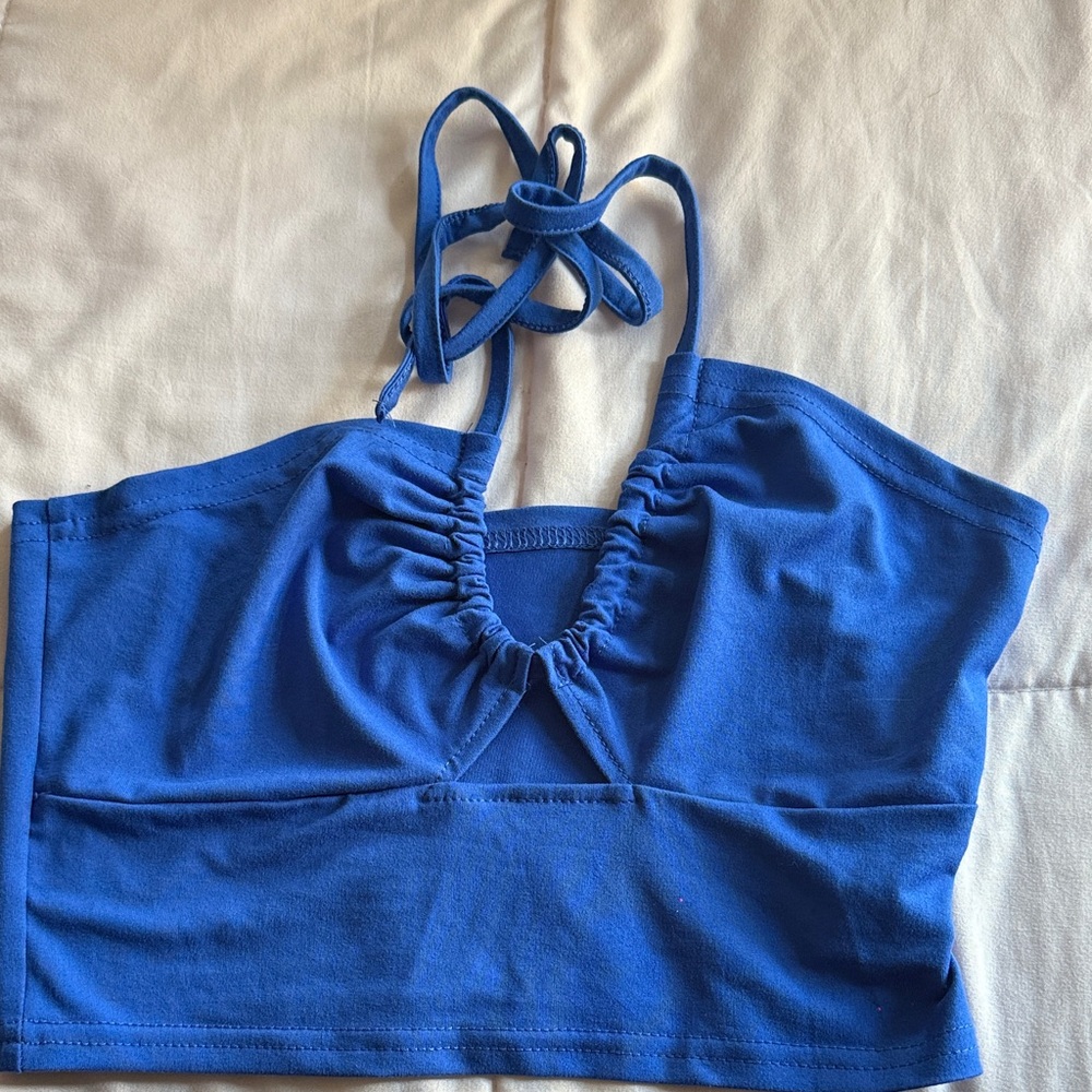 SHEIN Royal Blue Ruched Front Halter Crop Top